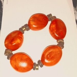 Vintage 80s orange carnelian and wood beaded stretch bracelet